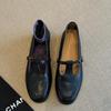 Cowhide version~ retro leather flat bottom women's new T-word with one pedal Mary Jane small leather shoes single shoes