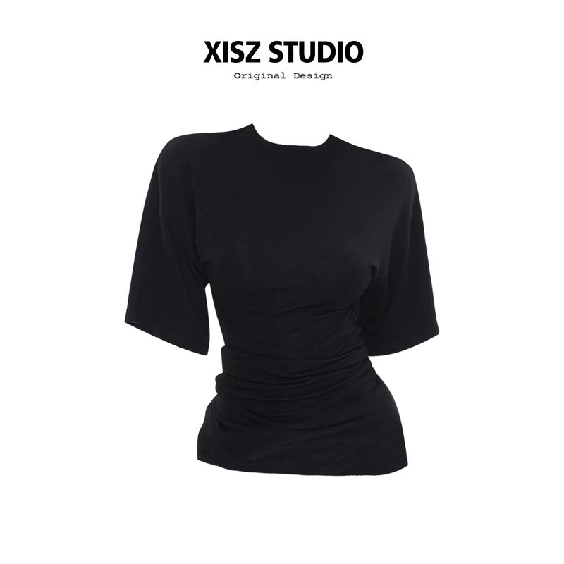 

round Neck Pleated Nipped-Waist Short-Sleeved T-shirt Women s Spring and Summer Easiest for Match Slim Looking Stretch Casual Stylish Sexy T-shirt Black [High Quality]] L