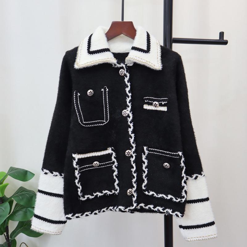 

Осень и зима новый контрастный цвет имитация норки флис вязаный кардиган высококачественный свитер куртка женская одежда one size fits all чёрный