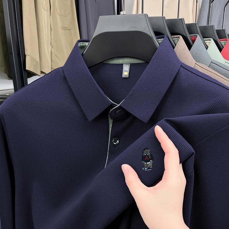 

Мужская рубашка поло от бренда высокого класса, осеннего качества, с принтом мультяшного медведя, с лацканами, с длинным рукавом, деловая, классическая, повседневная, трендовая, мужская одежда, топ 4XL темно-синий