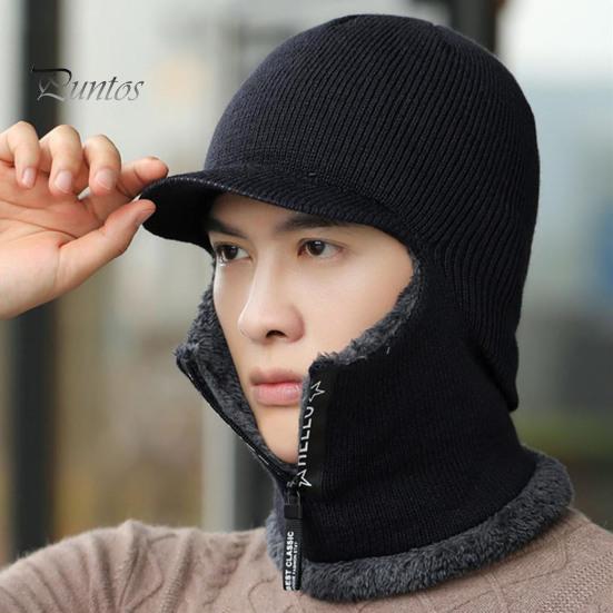 Outdoor Hat Thermal Zipper Opening Fleece Lining Knitting 2 In 1 Men Sport Solid Color Neck Guard Cap for Knitted