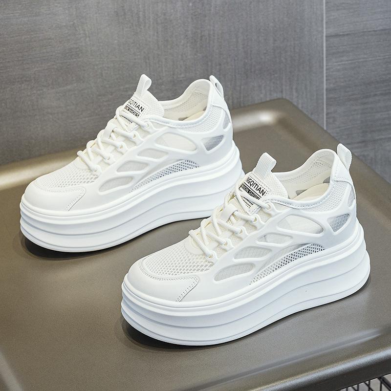 Spring and summer thick-soled inner height increase casual shoes women's small man cm thin women's shoes mesh breathable white