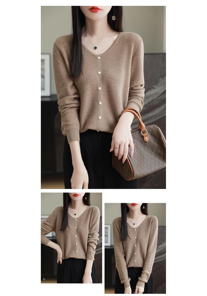 Women's 100% Fine Wool V-neck Loose Cardigan - Single-Breasted Solid Color, Casual Fashion