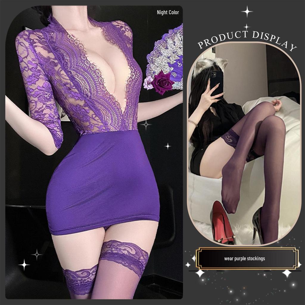 Golden Night Sexy Lace Purple Bodycon Dress with Push-up for Role Play 