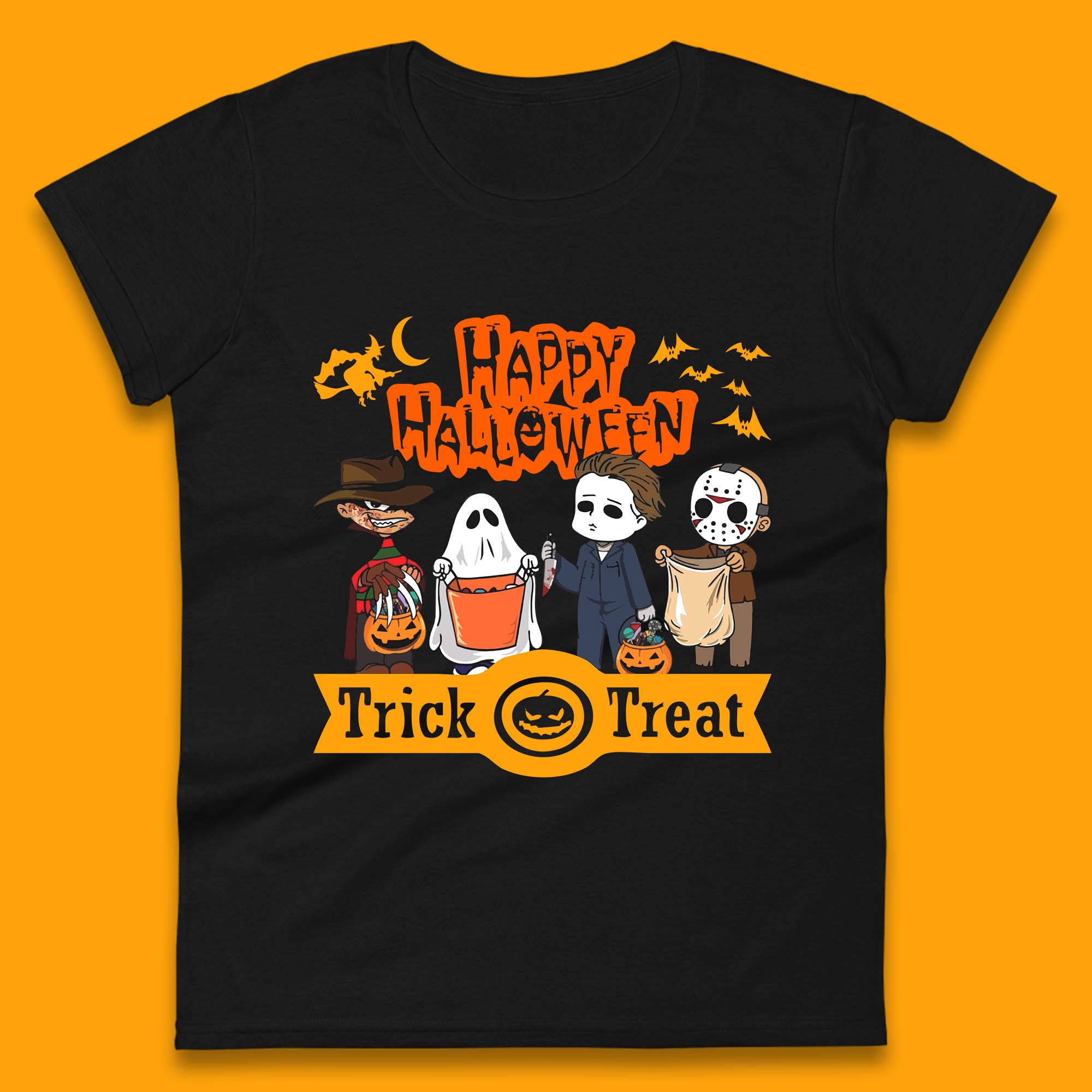 

Happy Halloween Trick Or Treat Chibi Horror Movie Characters Killer Womens Tee T Shirt Mens Tops Unisex Top S