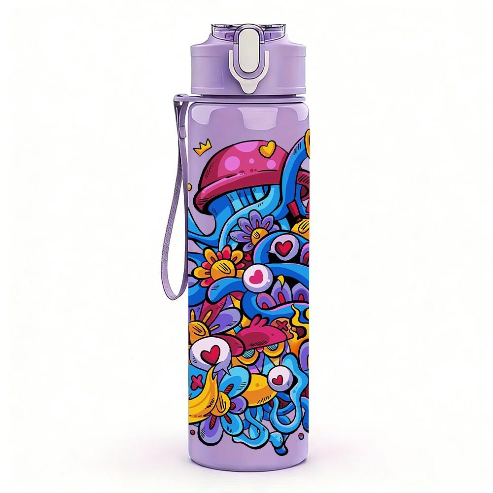 1PC Psychedelic Swirl Graffiti Doodle Pattern 750ml Color Plastic Sports Water Bottle Leakproof Flip Straw Lid Suitable for Sports Office Home Use