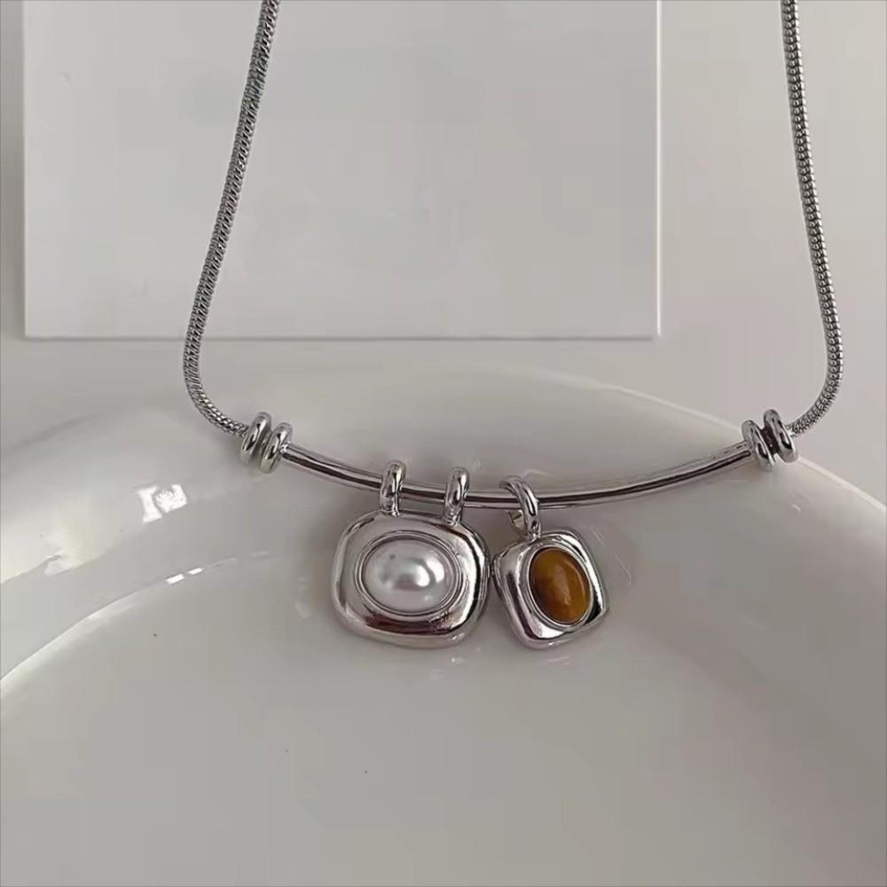 Imitation Pearl Tigereye Stone Pendant Necklaces Geometric Collarbone Necklace Women