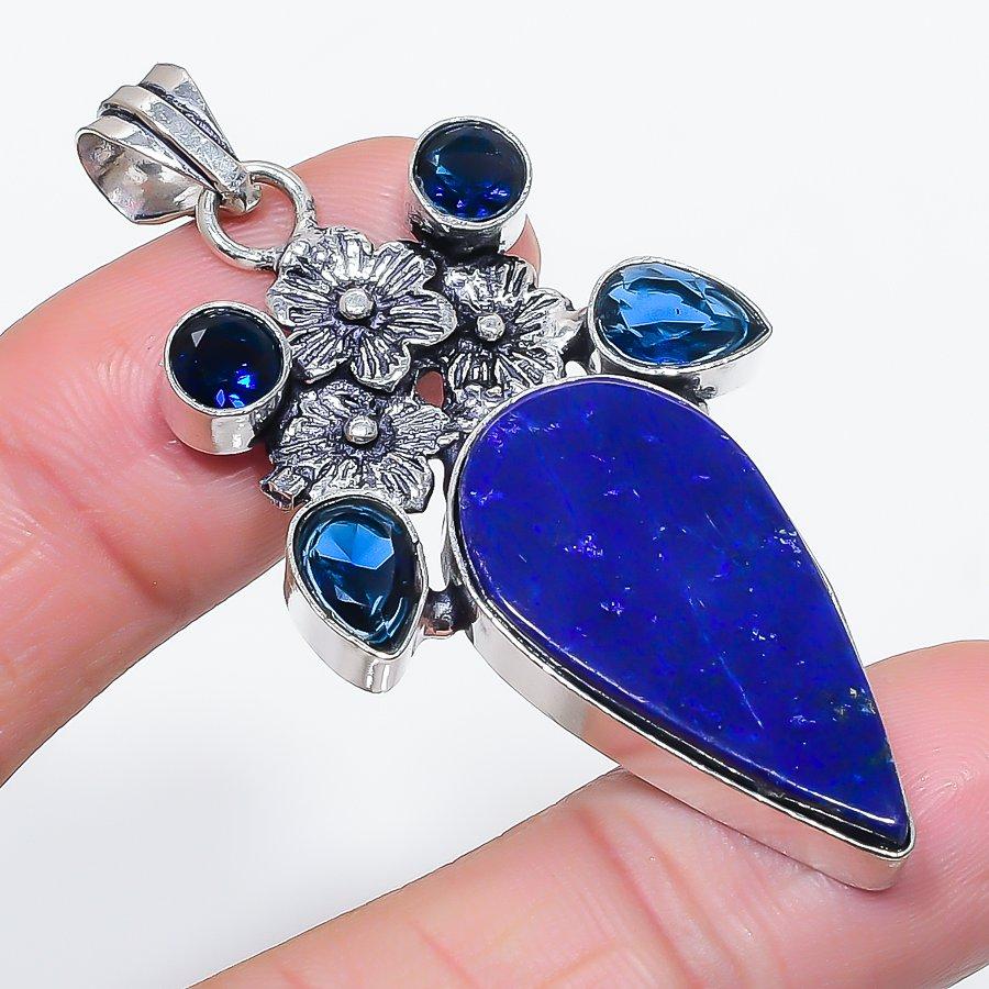 Natural Lapis Lazuli, Topaz 925 Sterling Silver Jewelry Pendant 2.36" l2C83