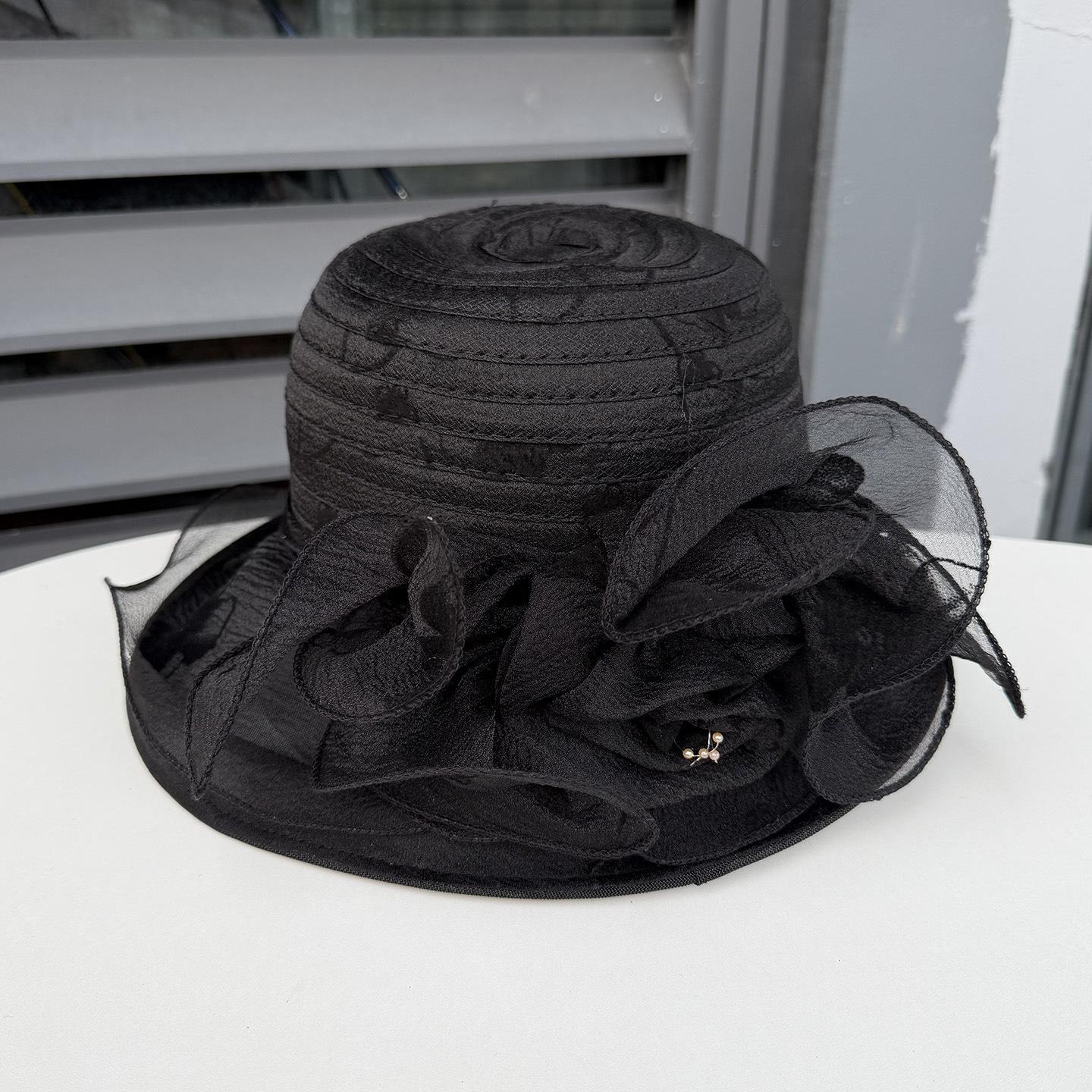 

Hat women s summer big edge mesh yarn hat British retro organza flower sun hat outdoor sun protection beach sun hat M（56-58cm） чёрный