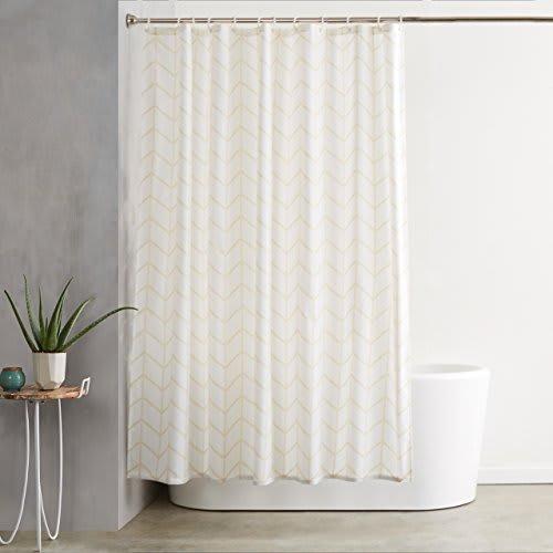 Basic Shower Curtain, Mildew Resistant, with Hooks, 183x183cm, Natural Herringbone