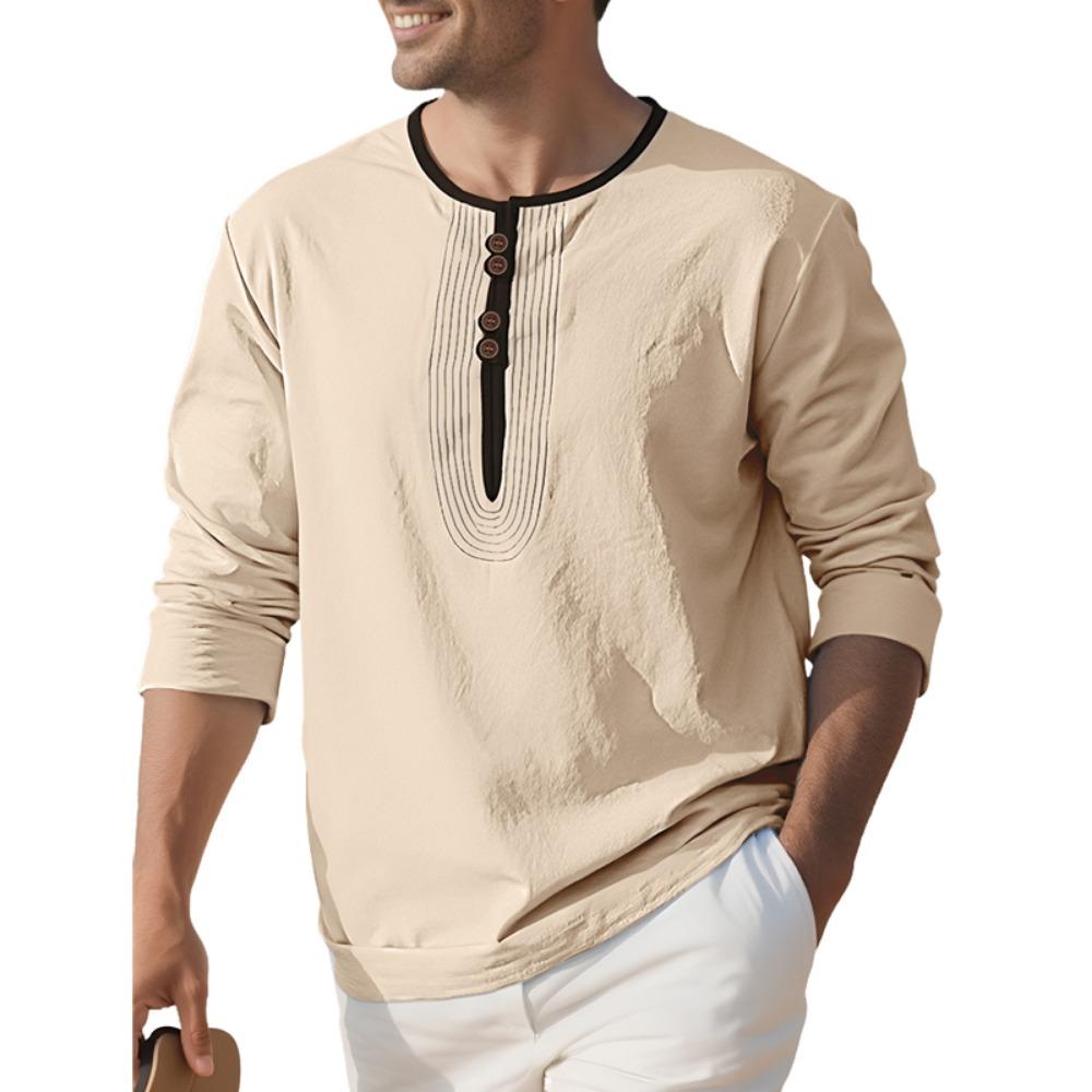 Pánské módní tričko s límečkem henley 95% len s dlouhým rukávem podzimní volné ležérní prošívané tričko pánské oblečení