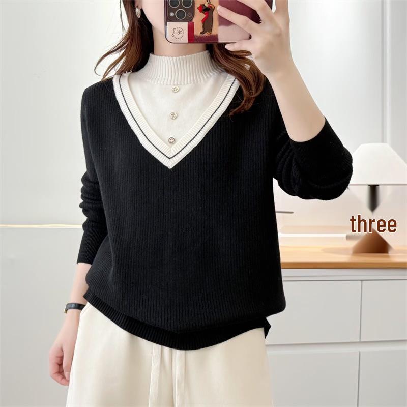 

2025 Winter Women s Plus Size Color Block 2-Piece Knit Sweater - Half High Neck XL чорний