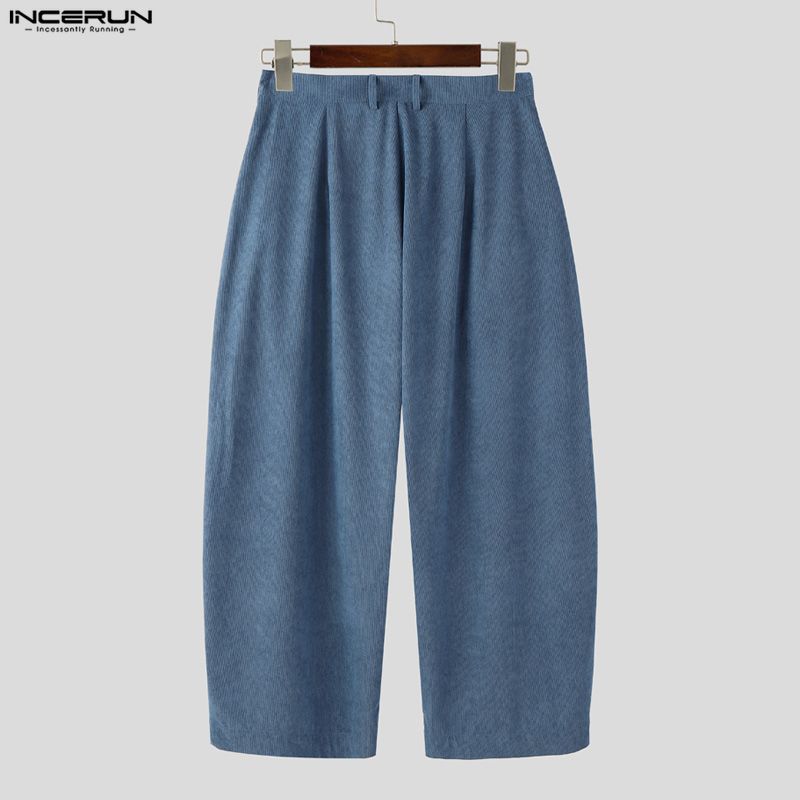 INCERUN Men Zip-up Plaid Wrap Waist Casual Loose Texture Baggy Trousers Pants