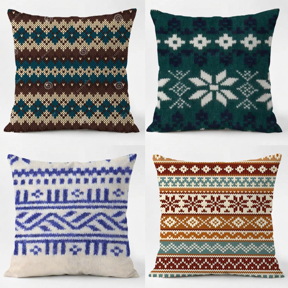 Fair IIsle Knit Pillow Retro Nordic Cushion Cover Daily Washable Linen Pillowcase Soft for Sofa Bed Home Room Decor