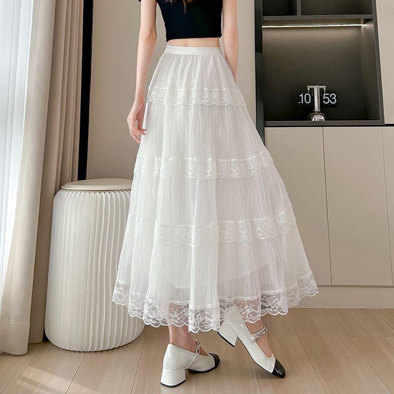 Women's Spring Lace Paneled High-Waist Tiered Cake Maxi Skirt - Slim-Fit with Ruffled Trim & Sweet Romantic Aesthetic