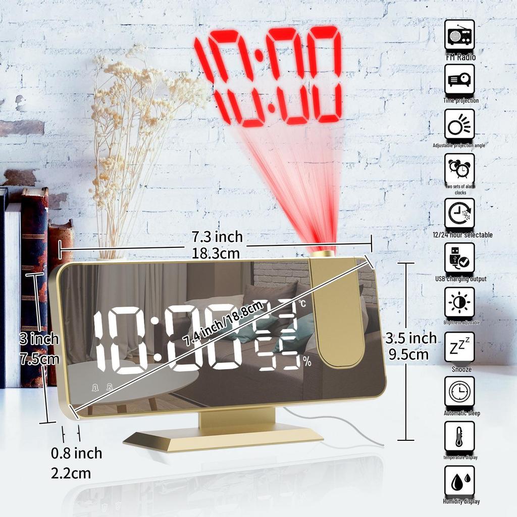 Dual Alarm Projection LED Mirror Clock with Large Display