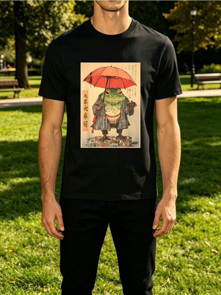 Classic Ukiyo E Rain Frog With Red Umbrella Retro Art Unisexs Crew Neck Short Sleeve Tee Casual Street Daily Soft Basic Wear Top