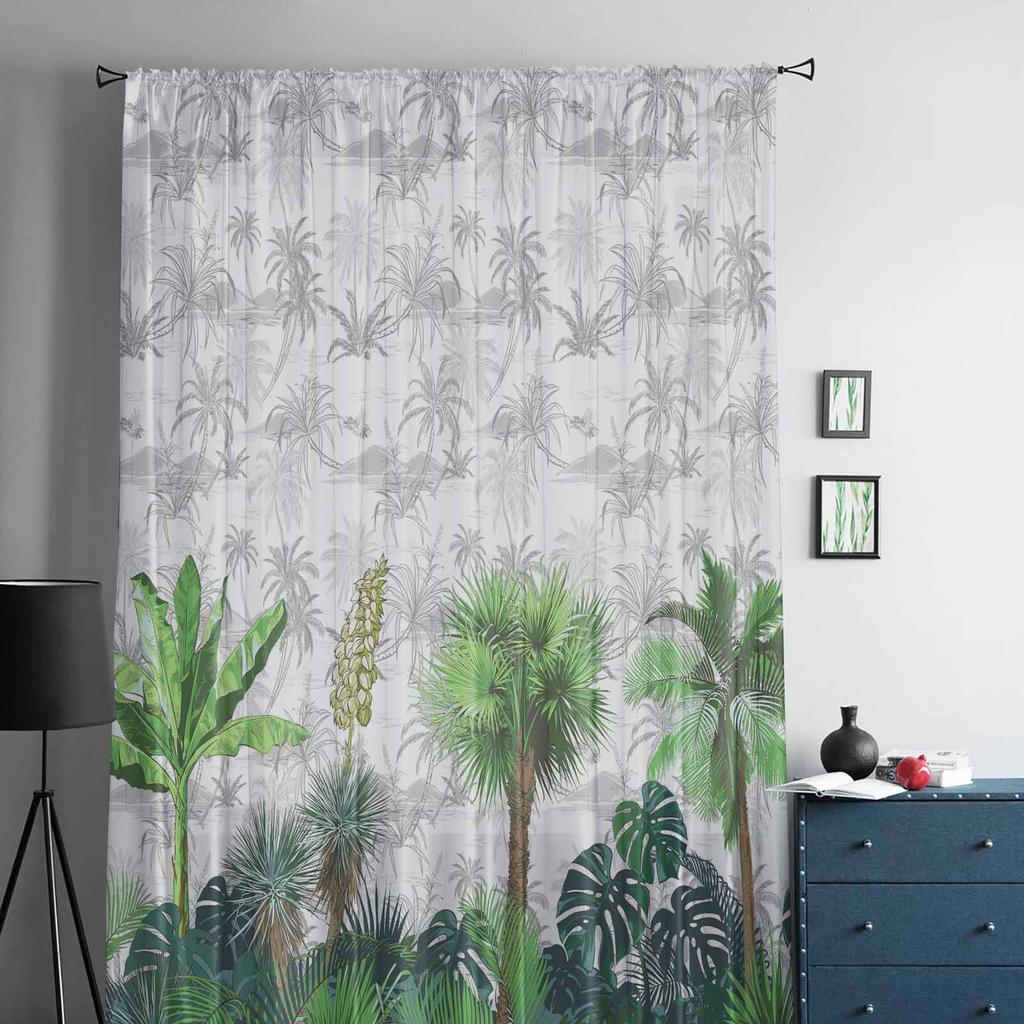 Summer Hand Drawn Tropical Plants Window Tulle Curtains for Living Room Bedroom Hotel Luxury Decoration Sheer Curtains
