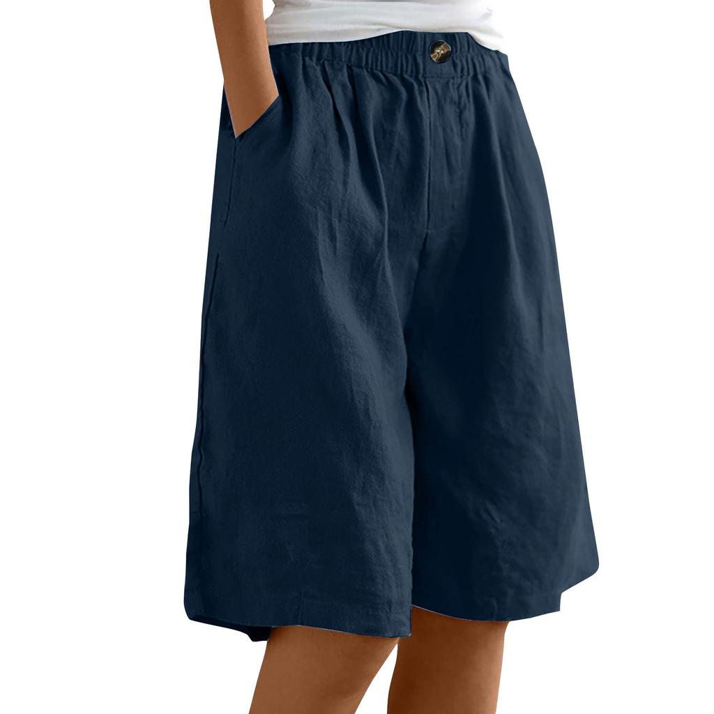 Women's High Waist Elastic Waistband Linen Bermuda Shorts Casual Loose Wide Leg Shorts With Side Pockets For Summer