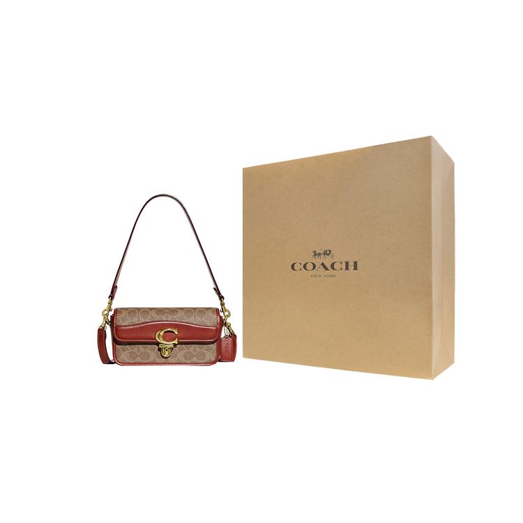 New COACH Studio Cow Leather Shoulder Bag, Small Square Bag, Handbag, Shoulder Bag, Crossbody Bag Women's Brown & Red CE764-B4NQ4