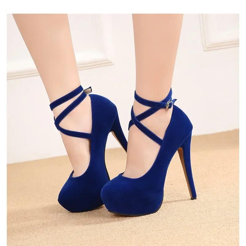 Fashion Pumps High Heel Women New Style Flock Fashion Cross Straps 14cm Heel High 4cm Platform Model Nightclub Sexy Plus Size 35-46