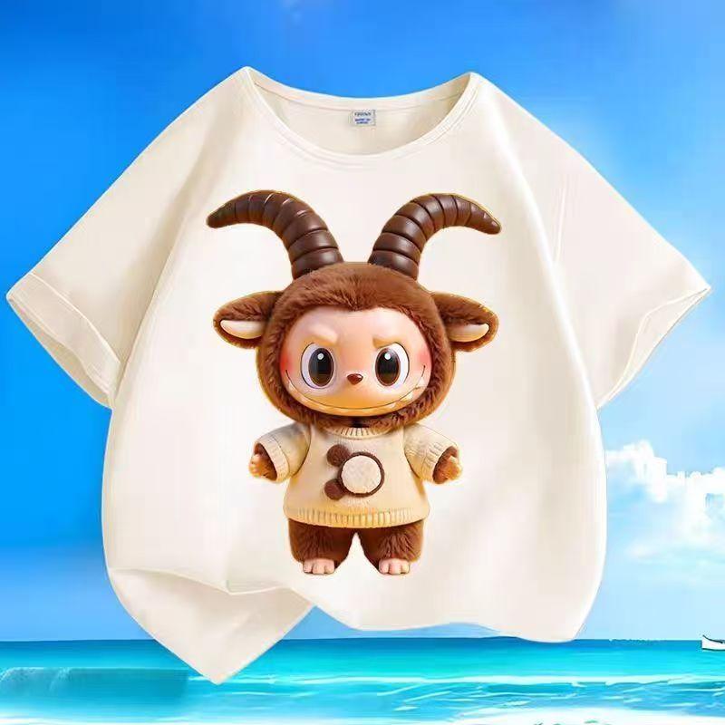 LABUBU Tegneserie Tolv Stjernebilder Trykk Barn T-skjorter Beige Gutt Jenter Kortermet Topp Trend Klær Gave