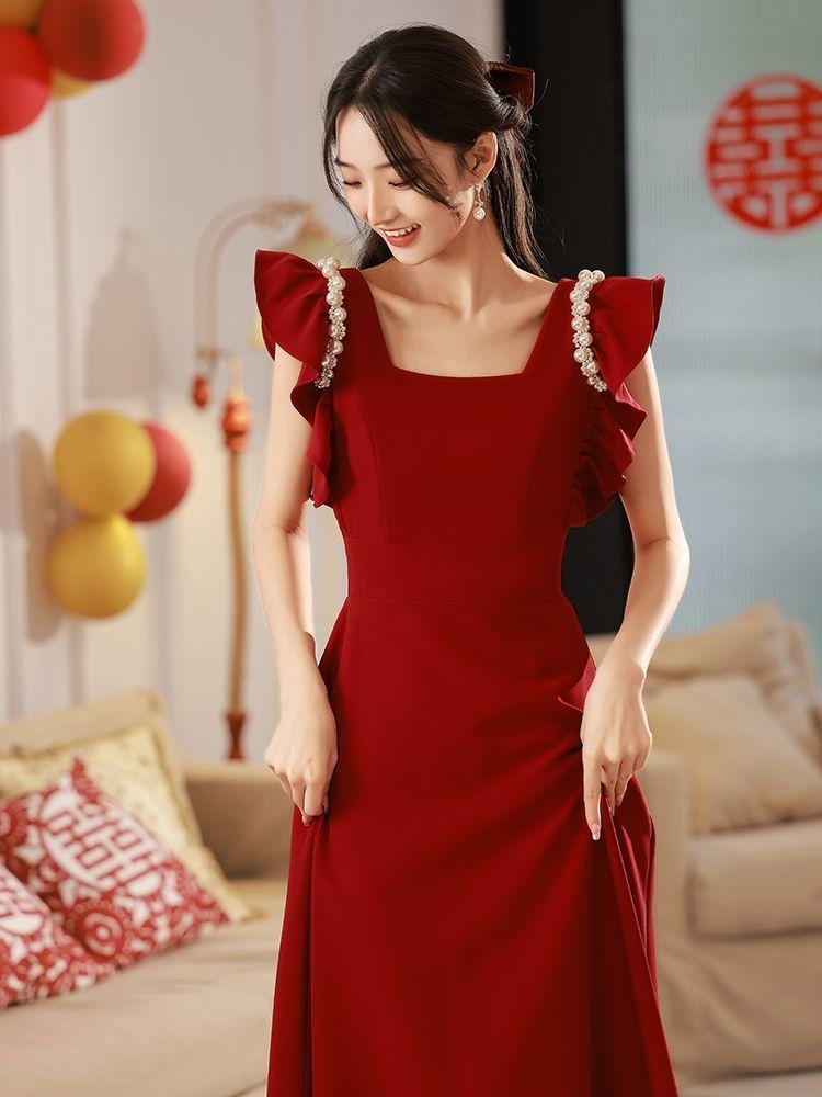 Toast clothes Bridal engagement dress Red flying sleeve dress Women can wear new models at ordinary times