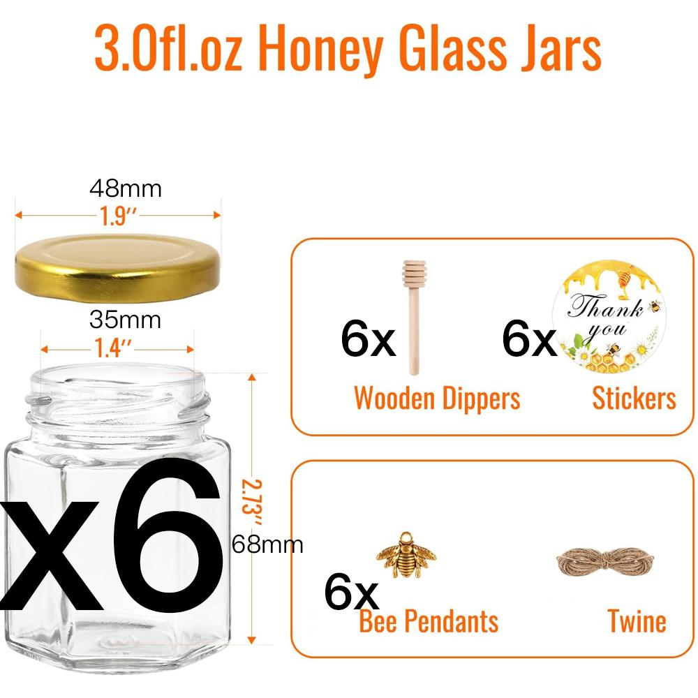 

3oz Mini Honey Jars Hexagon Glass Jars with Wood Dippers Gold Lids Bee Pendants Jutes Stickers for Wedding Favors Party Favor