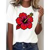European Size Women's Pure T-Shirt with Hibiscus Flower Print - White Short Sleeve Round Neck Hawaiian Hibiscus Top, Pink & Red Tropical Leaf Design