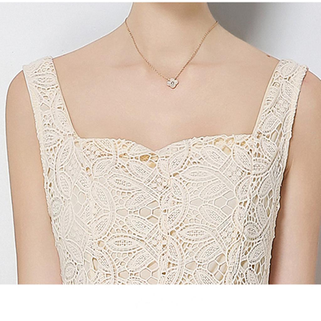 Elegant Sommer Heklet Broderi Blonder Lange Kjoler Dame   Sexy Tynn Stropp Kveldsfestkjole Vestidos De Fiesta