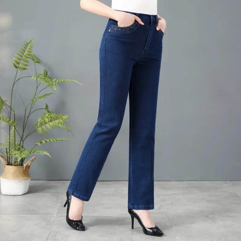 

Весенне-осенние джинсы «мамы» оверсайз с вышивкой на карманах, с высокой посадкой, свободные, с прямыми штанинами, женские повседневные джинсовые брюки 36 синий