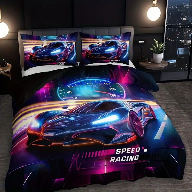 Racing Car Duvet Cover Set - 3D Cartoon Vehicle Print All-Season Bedding Set- 100% Polyester Breathable Fabric, Machine Washable