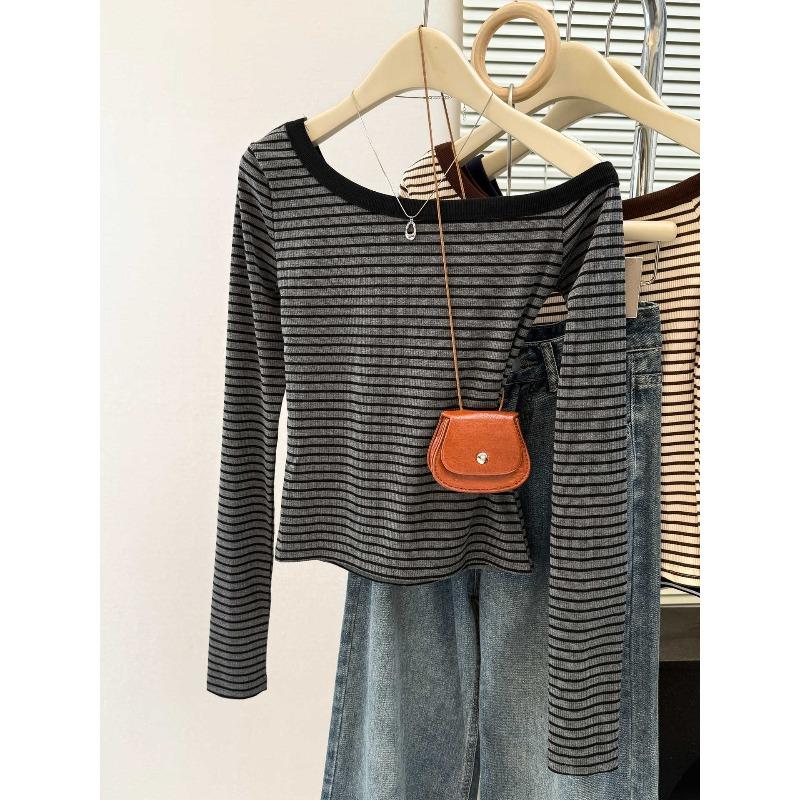 

Early autumn real shot diagonal shoulder striped bottoming shirt women s season Spice Girls short slim-fitting long-sleeved T-shirt off-shoulder top XL