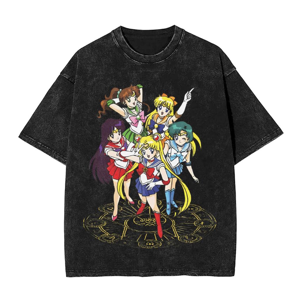 Sailor Moon Anime Printed Tshirt Mens and Womens Washed Tshirt High Quality Vintage Cotton Tshirt Harajuku YK Tops