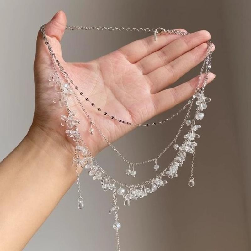 

Clear and Cold Feeling Multi Layer Water Droplet Tassel Necklace for Womens Dress Collarbone Chain