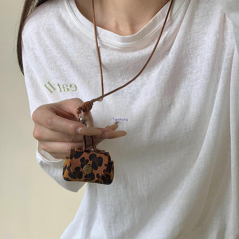 Leopard Print Coin Purse Necklace: Women's Pendant Earphone Case with Leather Rope Chain Accessory