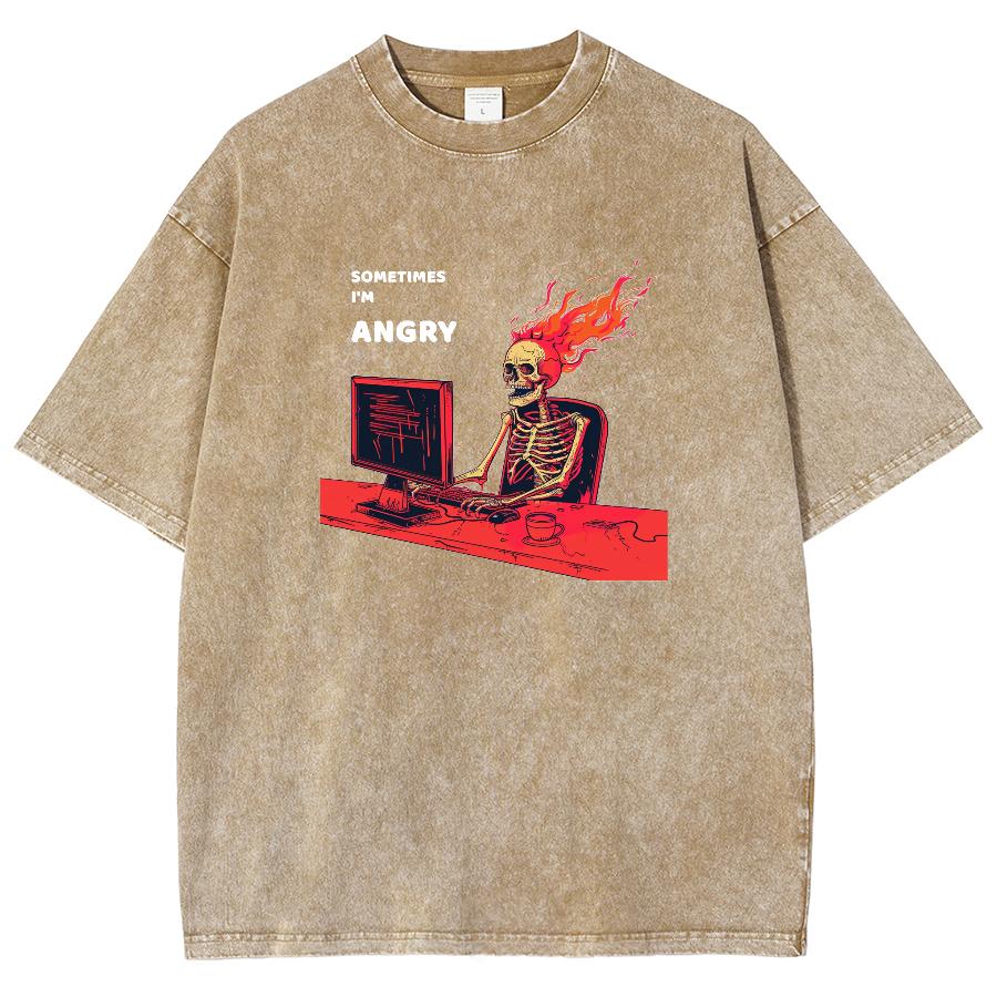 Skull Play Computer Print Women's T-Shirt Cotton Wash Oversized Loose Short Sleeve Design High Street Top Summer