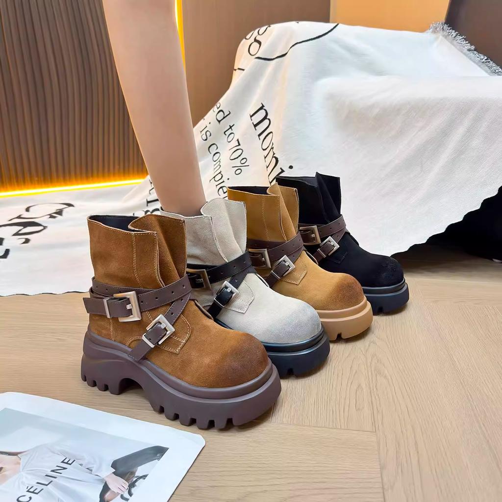 [Fanfna] Retro belt buckle Martin boots women's 2025 autumn new bundle big tube circumference thick-soled locomotive boots