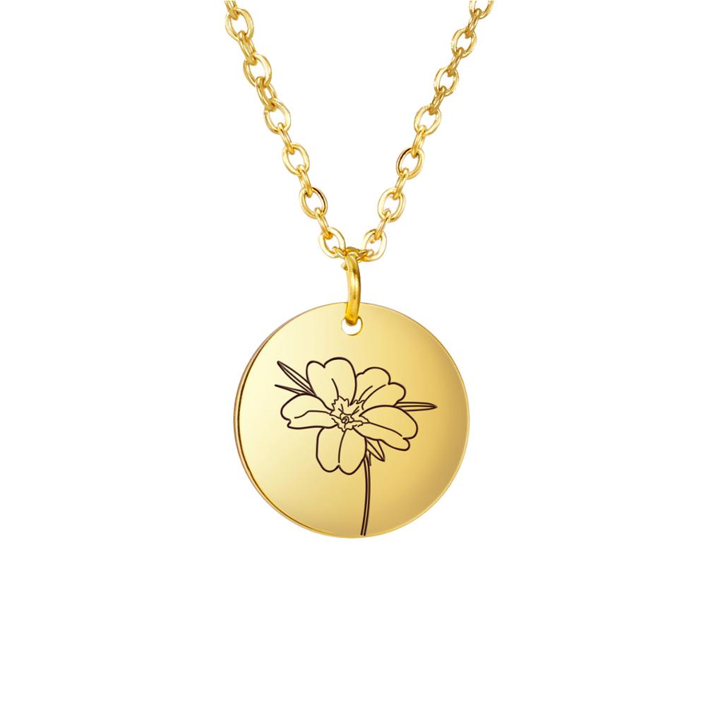 Birth Flower Pendant Necklace Women Stainless Steel Flora Gladiolus Poppy Peony Rose Daisy Necklace Personalized Jewelry