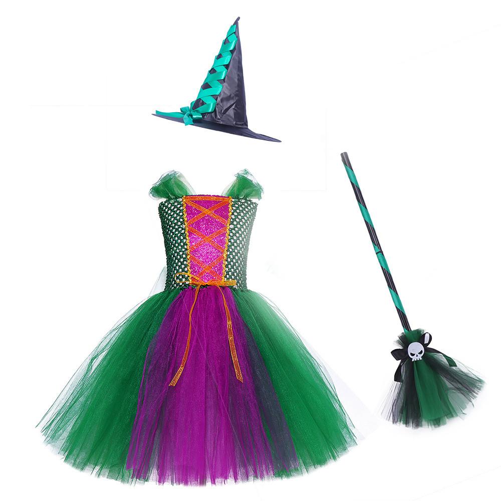 Copii fete vrăjitoare magică plasă Tutu rochie pălărie set copii Halloween Cosplay costume copil pretinde prințesă petrecere joc de rol ținută