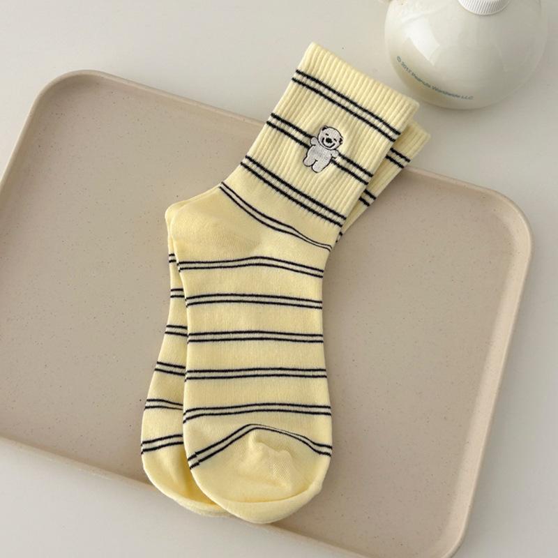 

Autumn Cute Puppy Embroidery Trend, Healing Striped Mid-calf Socks, Casual Pile Socks 1 pair