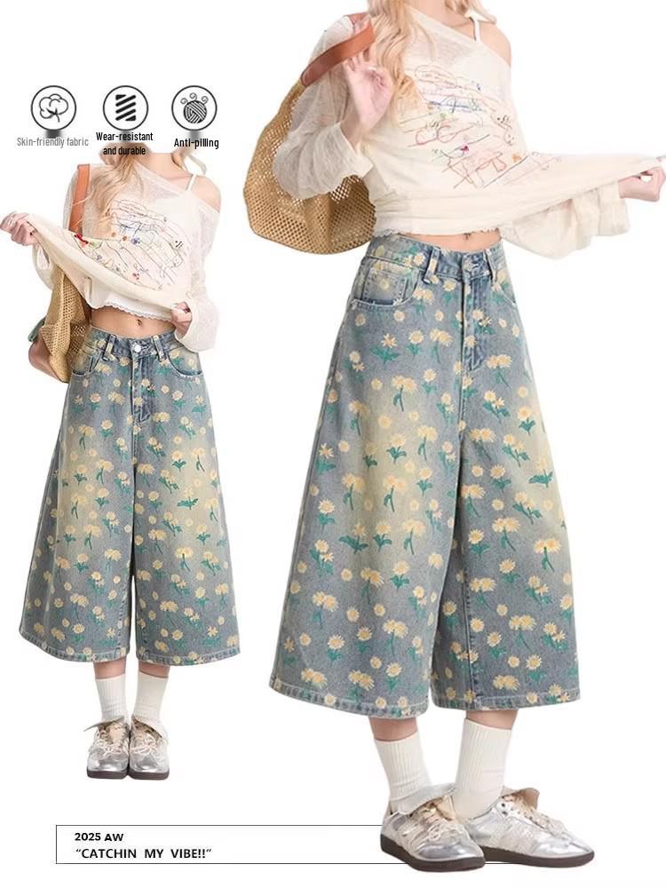 Women's 2025 Summer Hong Kong Style Retro Denim Chrysanthemum Cropped Jeans - Trendy & Loose Fit