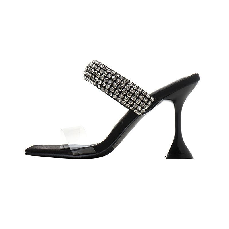 Transparent Rhinestones With Black High Heels, Cool Slippers, And Women'S Summer Square Head Thick Heel Sandals.