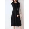 Women's Slim Fit Waist-Cinching Over-the-Knee Knitted Wool Dress - Autumn/Winter Base Layer, Round Neck, New Style