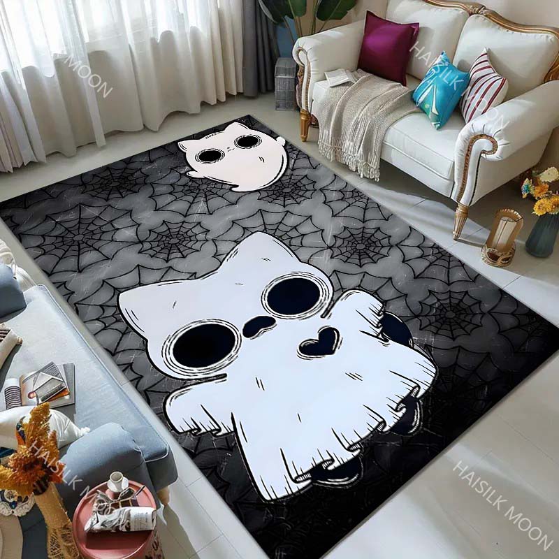 Dark Series Ghost Cat Pattern Carpet for Living Room Bedroom Bedside Floor Mat Cloakroom Sofa Area Rugs Halloween Decor