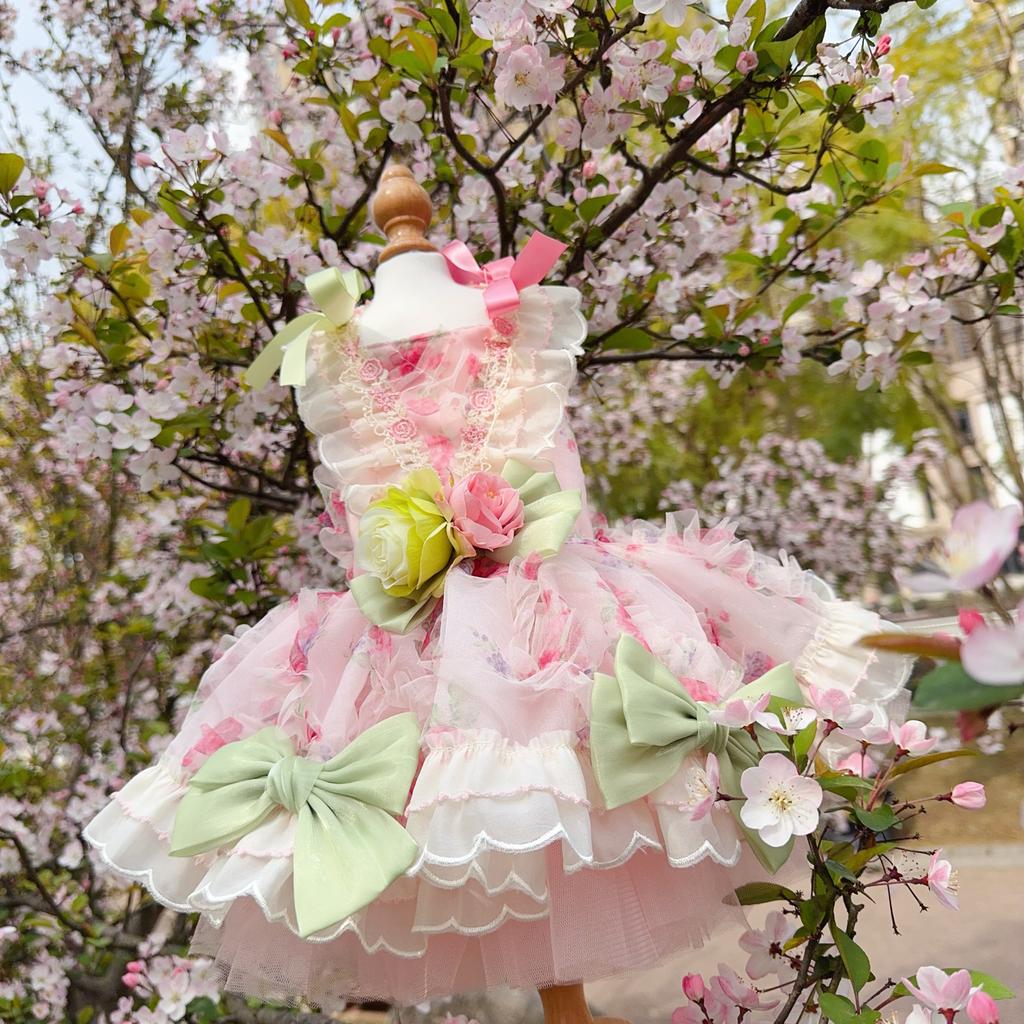 2026 Pet Dog Clothes Luxury Pure Handmade Fashion High-end Pink Roseflower Lace Tail Long Dresses For Small Medium Dog Chihuahua