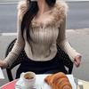 European and American Casual Fur Collar Zipper Knit Cardigan Sweater for Women