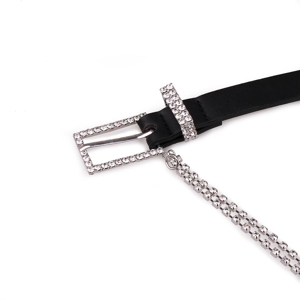 The New Lady's Rhinestone Inlaid Fashionable Chain Black Thin Waist Belt Is Versatile and Elegant, with A Pin Buckle Belt for Women