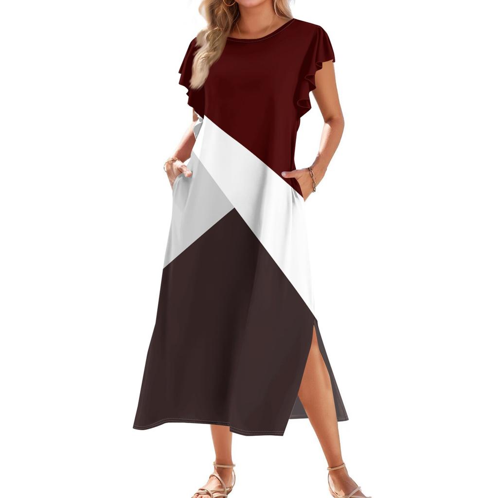Ladies' Fashionable Summer Casual Pleated Sleeves, Loose Color Block Patchwork Printed Short-sleeved Round Tie Pocket Beach Dress
