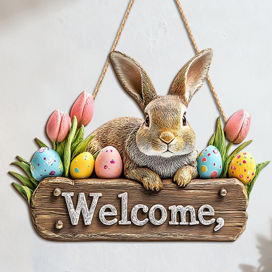 Easter Bunny Welcome Door Sign, Welcome Sign for Front Door, Cute Wooden Rabbit Hanging Plaque, Farmhouse Front Porch Sign for Spring Shop Home